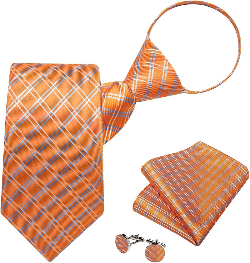 DiBanGu Silk Zipper Ties for Men,Paisley Solid Plaid Pre-tied Tie and Pocket Square Cufflinks Set Formal Adjustable Necktie - Image 1